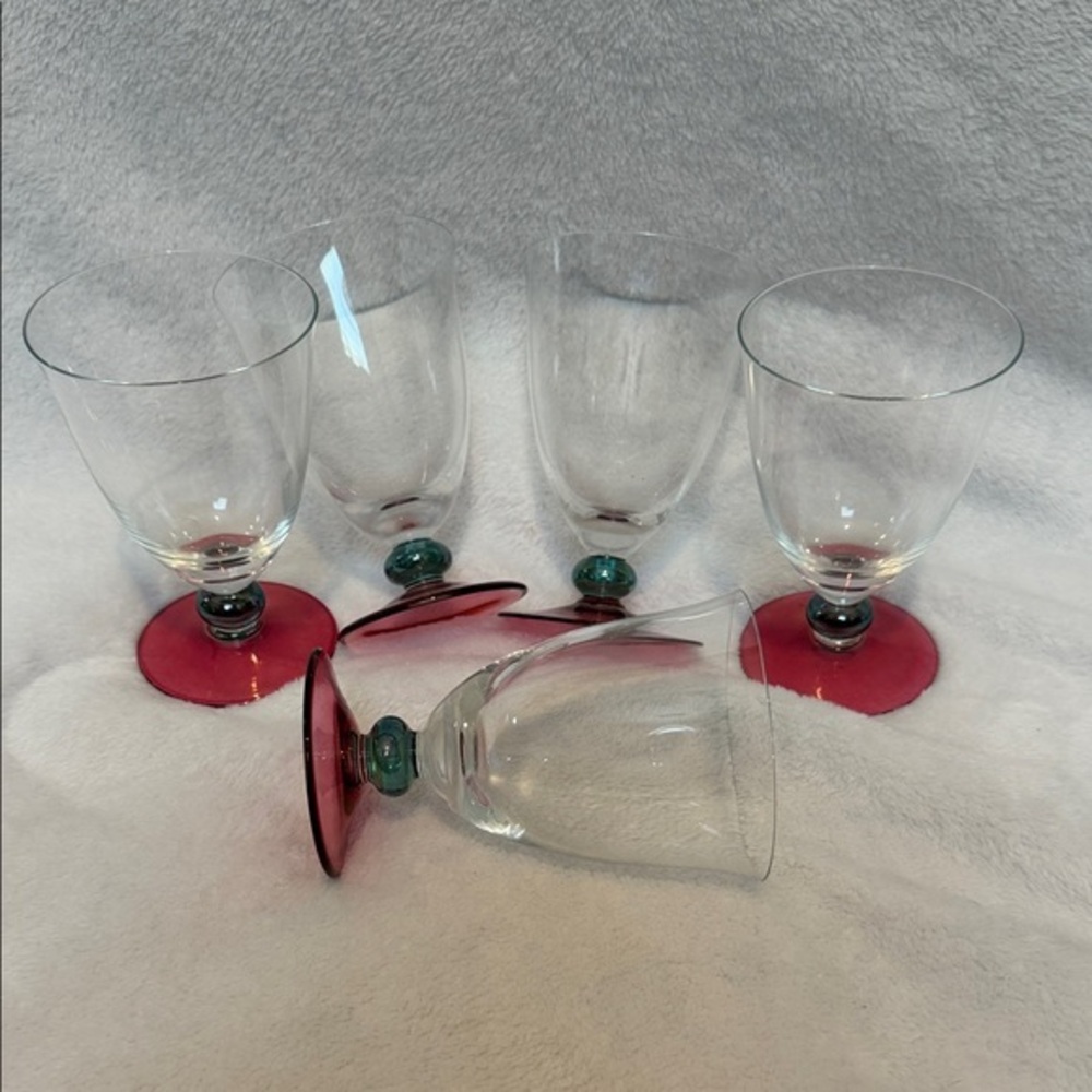 Crate & Barrel Red Base Wine Glass Set with Green Accents - Like New